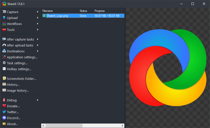 ShareX main window: task list, capture menu, and history list view