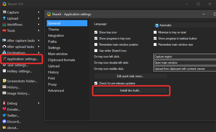 ShareX application settings showing update channel and dev build options
